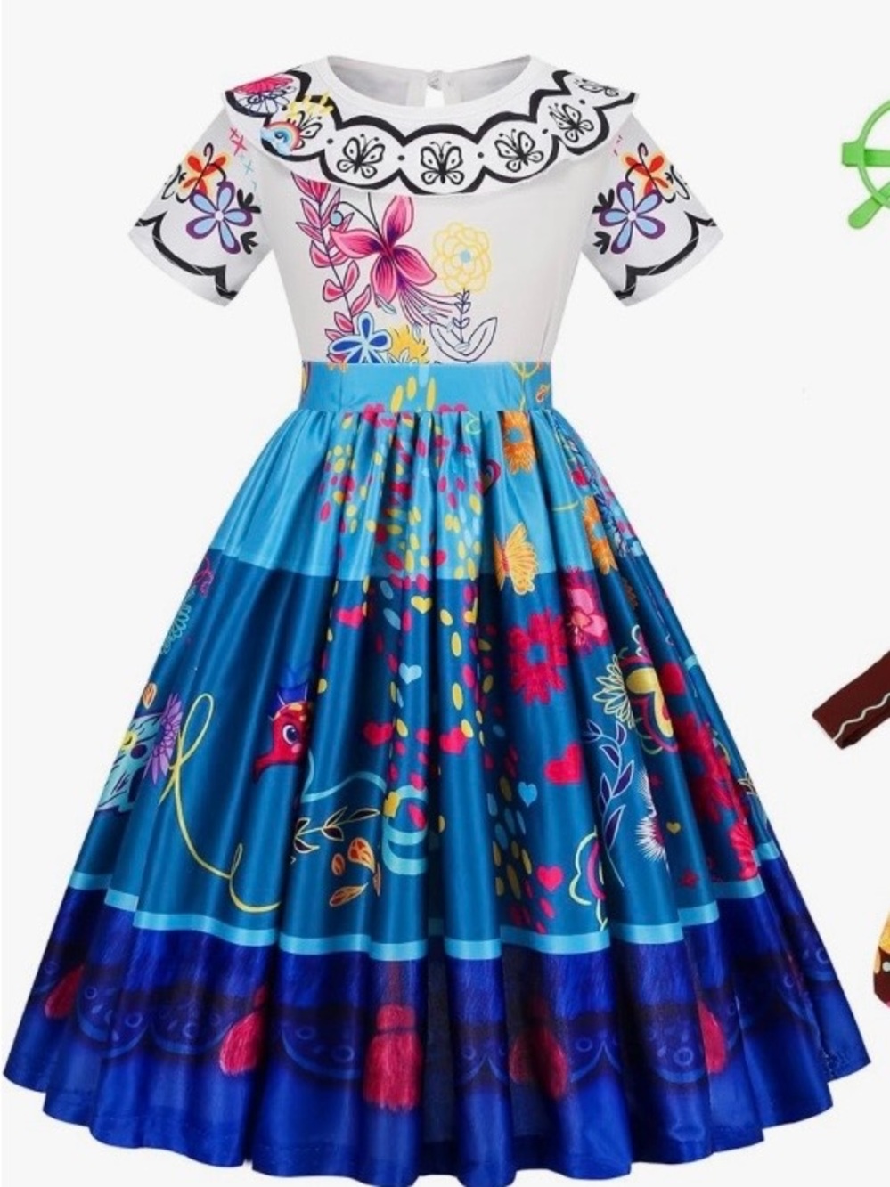 White & Blue Floral Fit-and-Flare Dress with Colorful Print